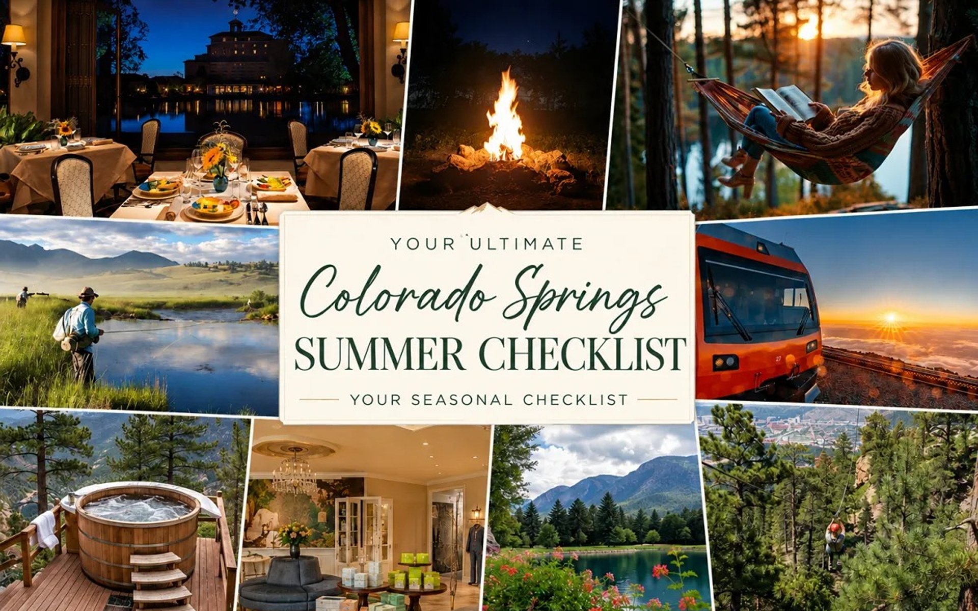 Colorado Springs summer checklist collage featuring mountain scenery, outdoor activities, dining and relaxation.