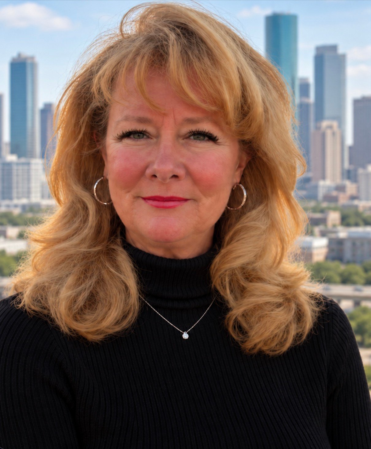 Holly Turkington in a black turtleneck with a city skyline behind her.