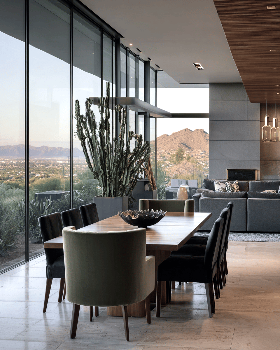 Modern dining room with floor-to-ceiling windows overlooking desert mountains and the valley.