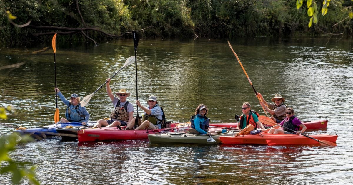 A group of adults kayaking on a tree-lined river in colorful boats.