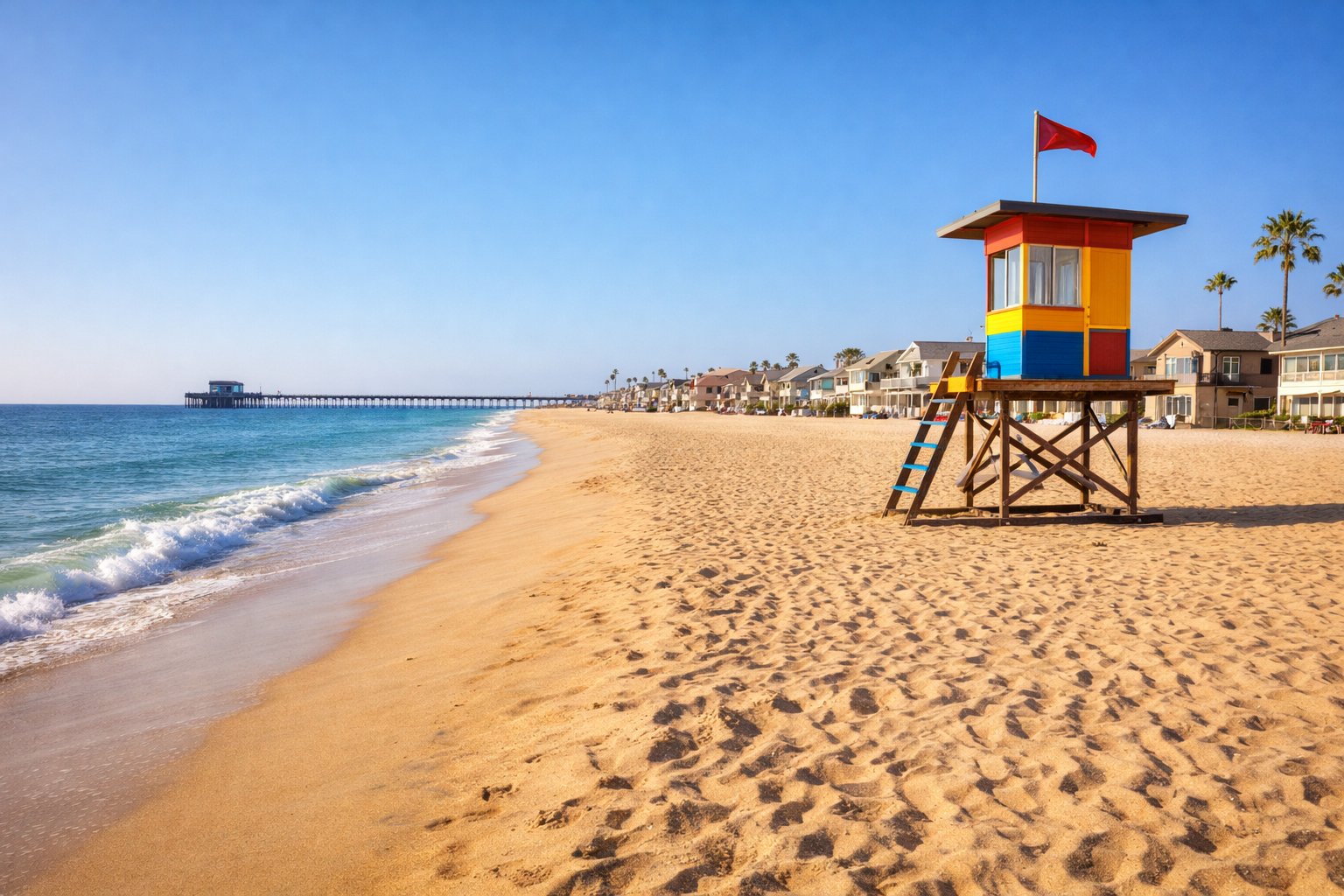 Newport Pier and beachfront homes stretching along Balboa Peninsula in Newport Beach, CA