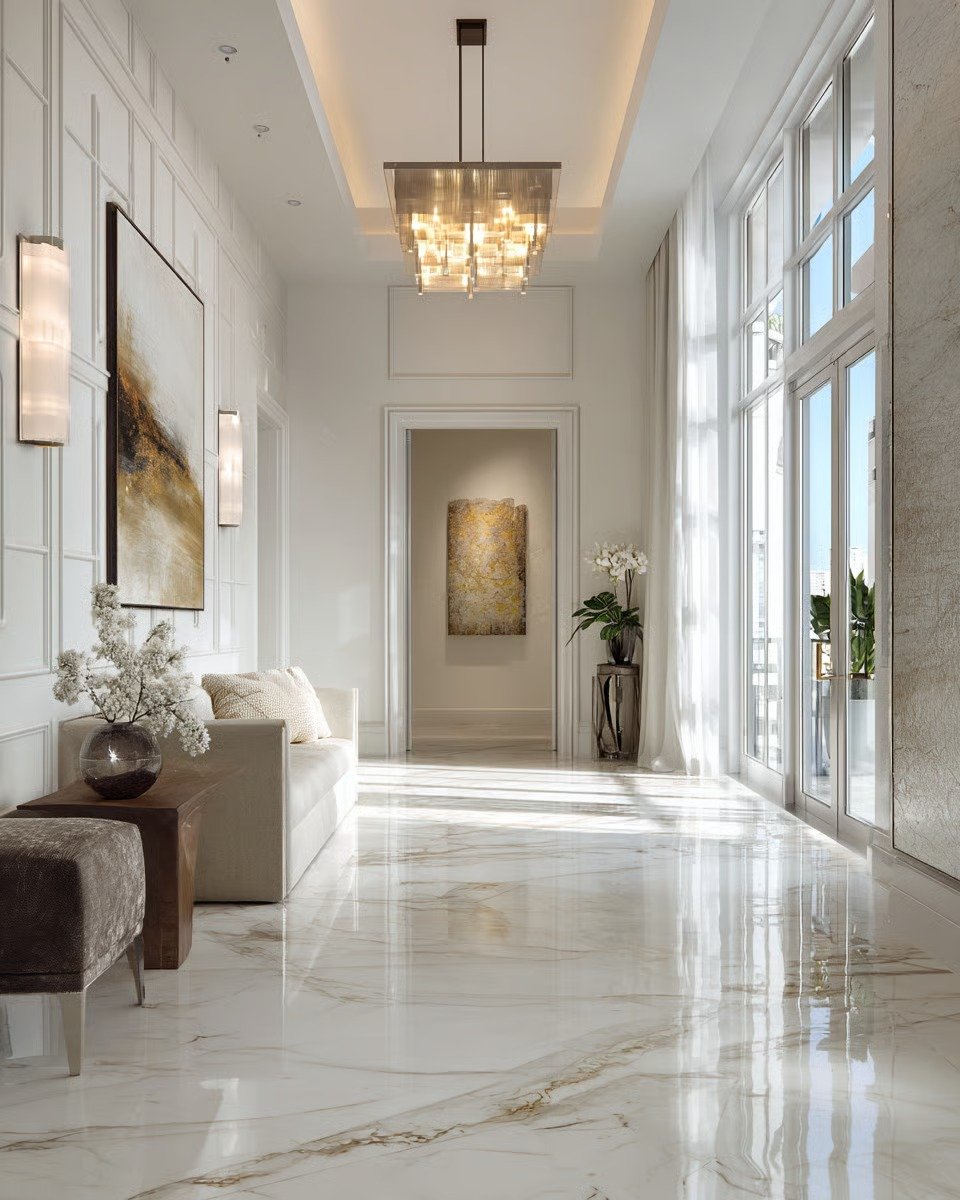 Bright entry hall with a veined marble floor, tall windows, chandelier, and cream seating.