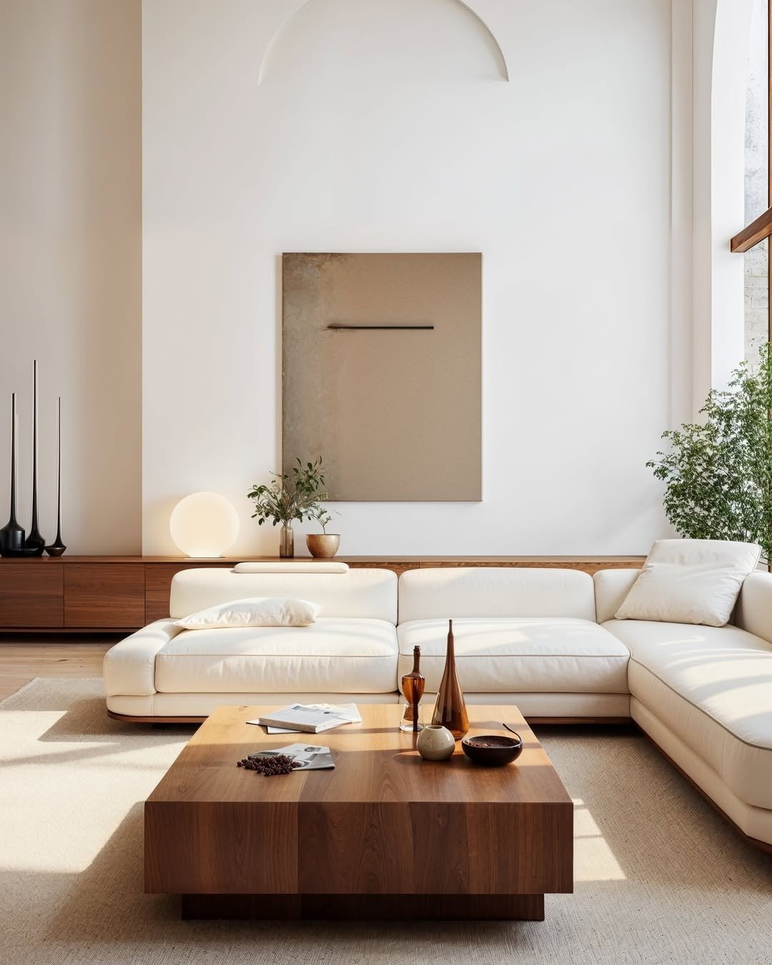 Modern luxury living room in San Diego with a white sectional sofa, minimalist wooden coffee table, neutral wall art, and natural light from large arched windows