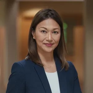 Serena Lo in a navy blazer, standing against a softly blurred indoor background.
