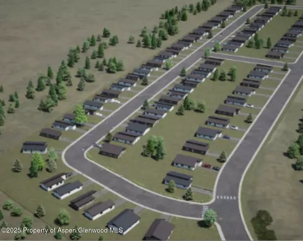 Aerial rendering of Meeker homes arranged along curved streets with scattered trees.