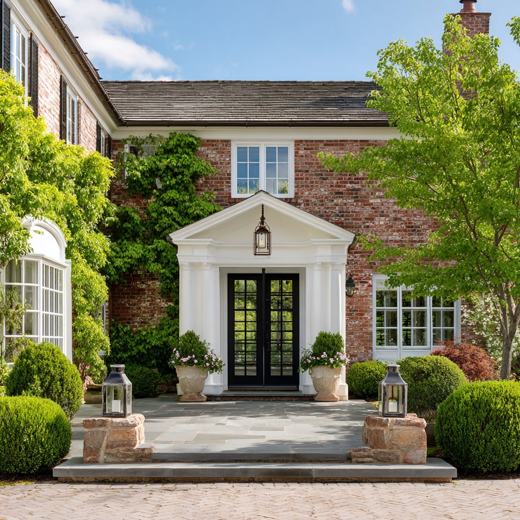 Brick home with a white portico, black double doors, and a landscaped stone entry.