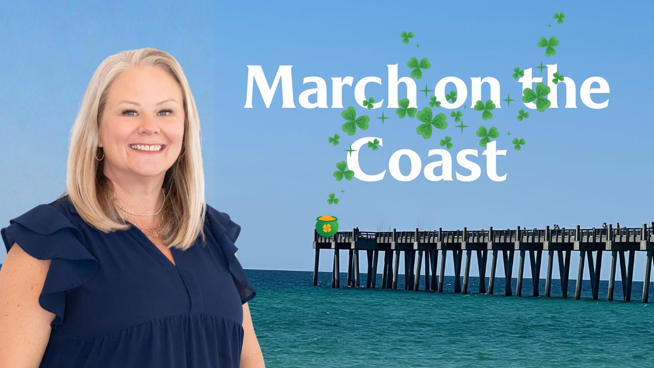 March on the Coast title card with a smiling woman and a pier over turquoise water.