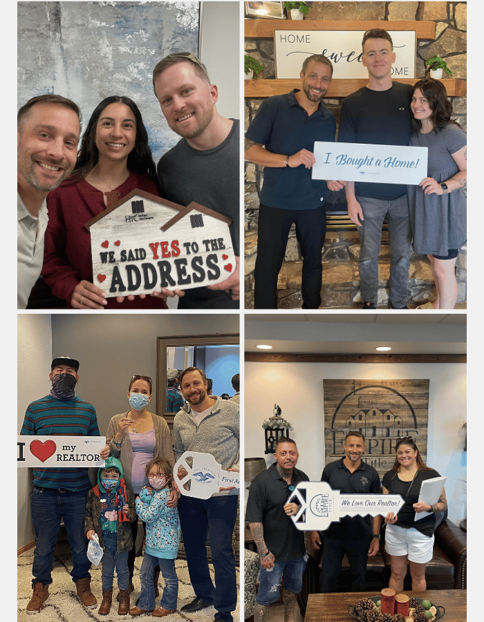 Real estate agent celebrating home purchases with clients in four group photos.