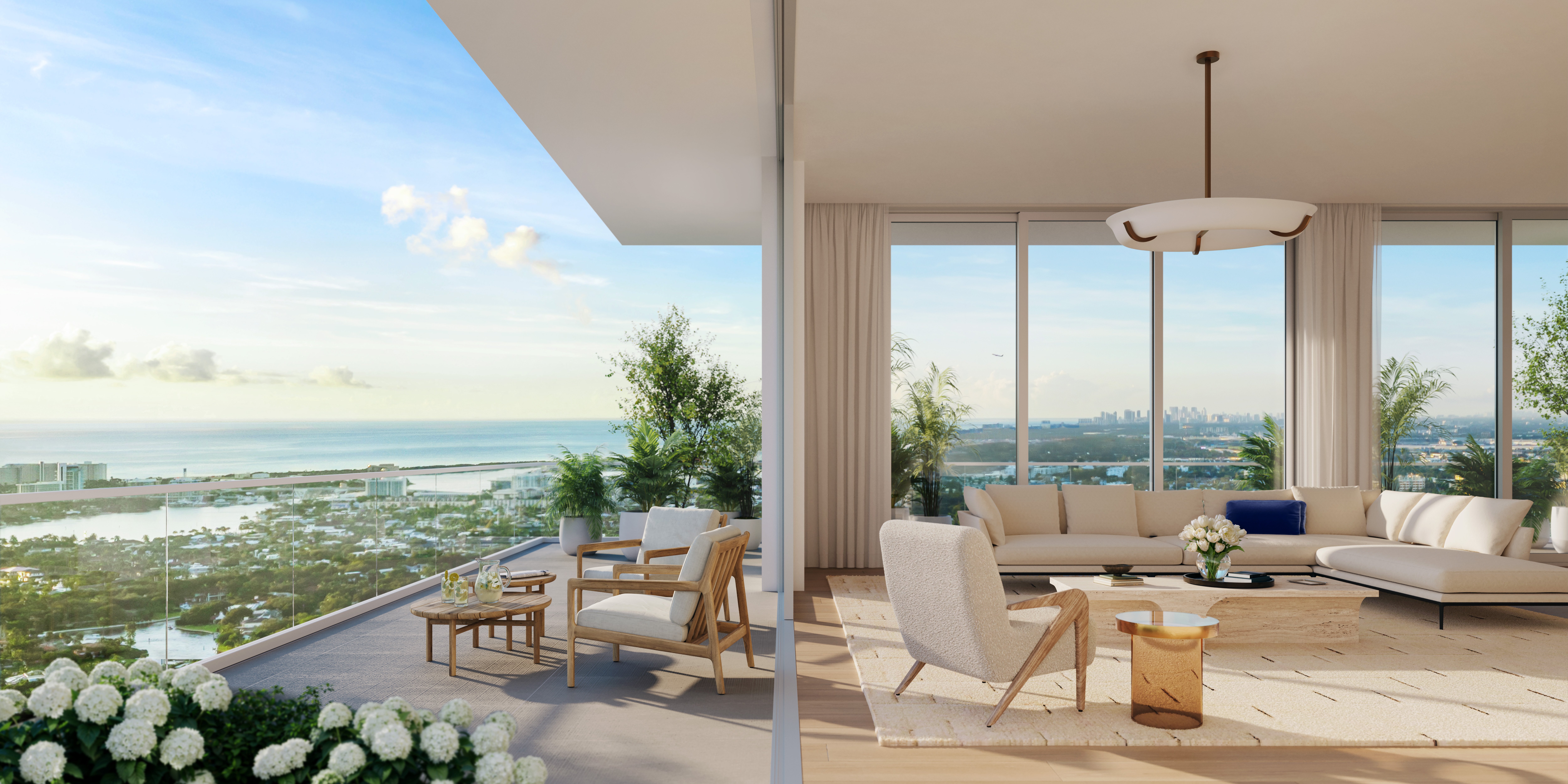 Rendering of a Viceroy residence living room opening to a terrace with Intracoastal views