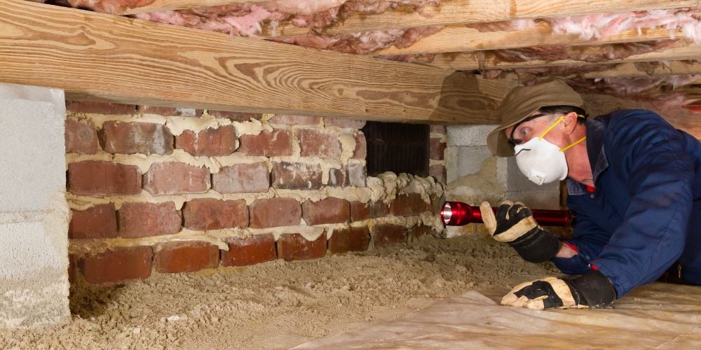 Professional inspecting a dusty wooden beam for termite infestation and damage