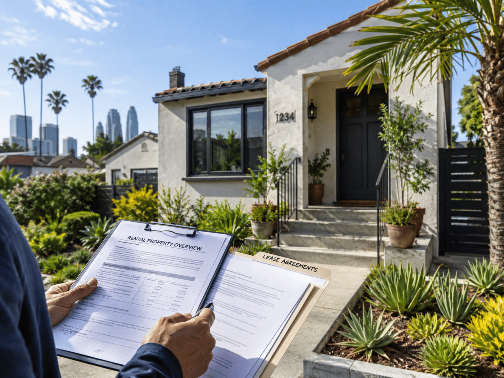 A person holds rental documents facing a white suburban house with lush plants