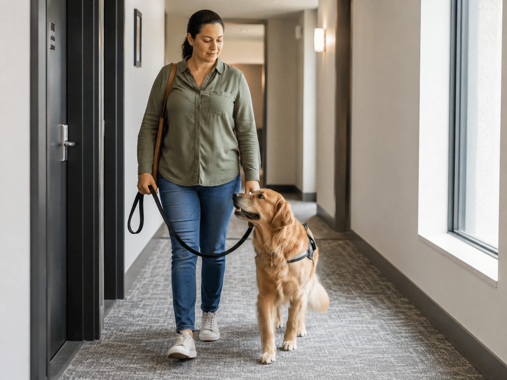 woman-in-a-green-shirt-walks-down-a-hallway-with-a-guide-dog-a-golden-retriever-on-a-leash