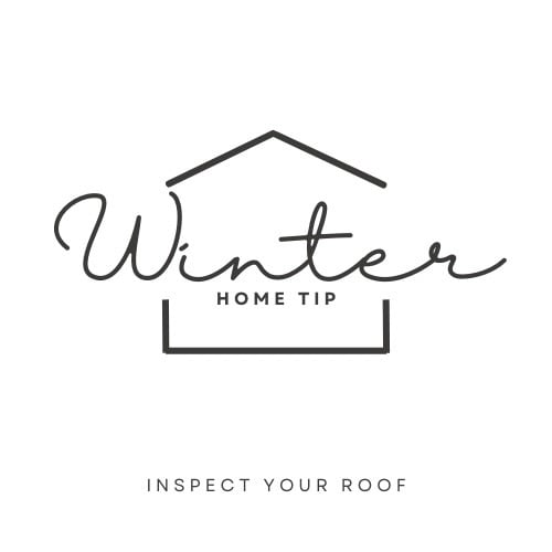 Homeowner standing outside inspecting a snow-dusted roof and gutters as part of winter home maintenance.