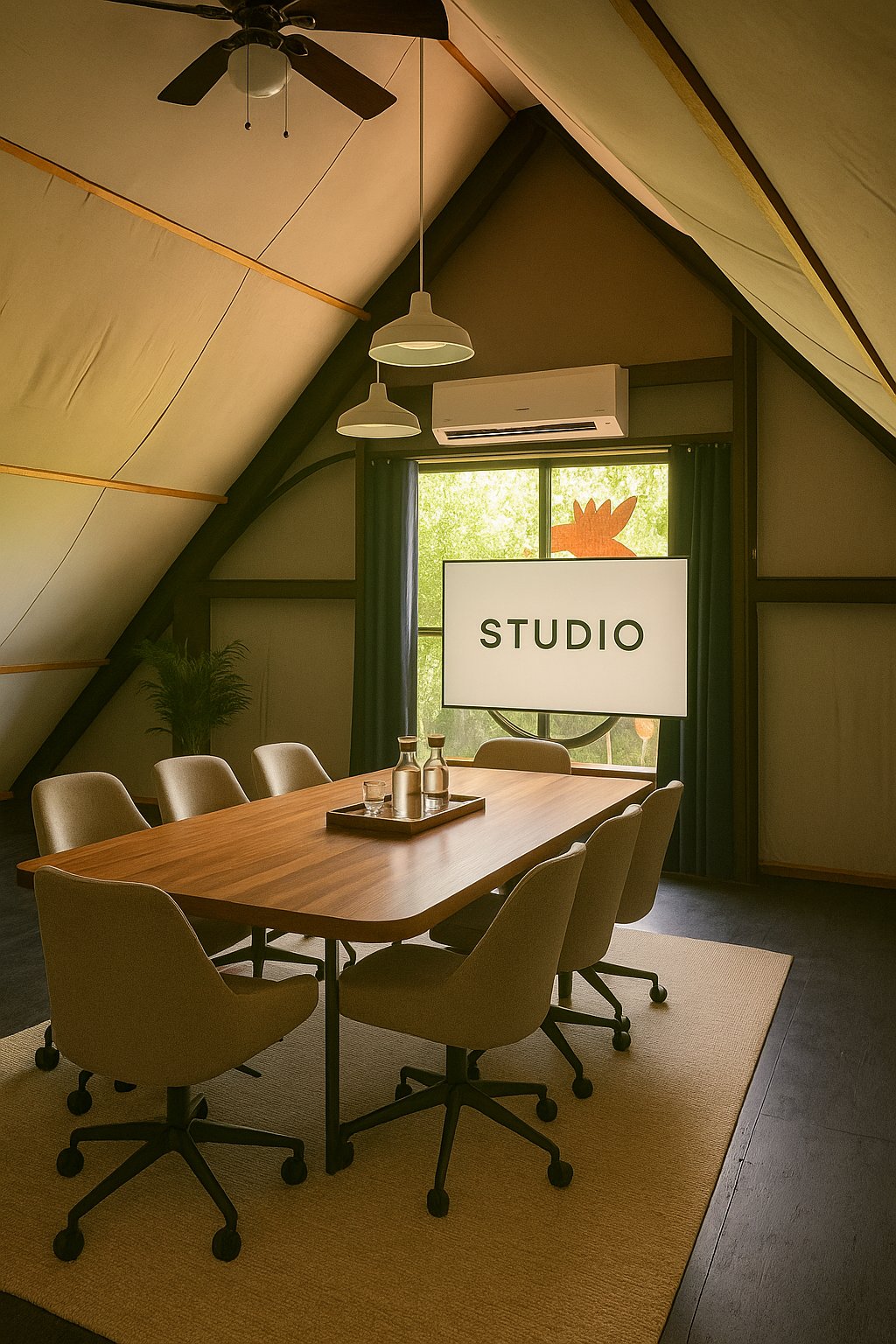 AI concept rendering of a possible use: the loft as a conference room at 640 Tillery Street, East Austin. Not the current condition.