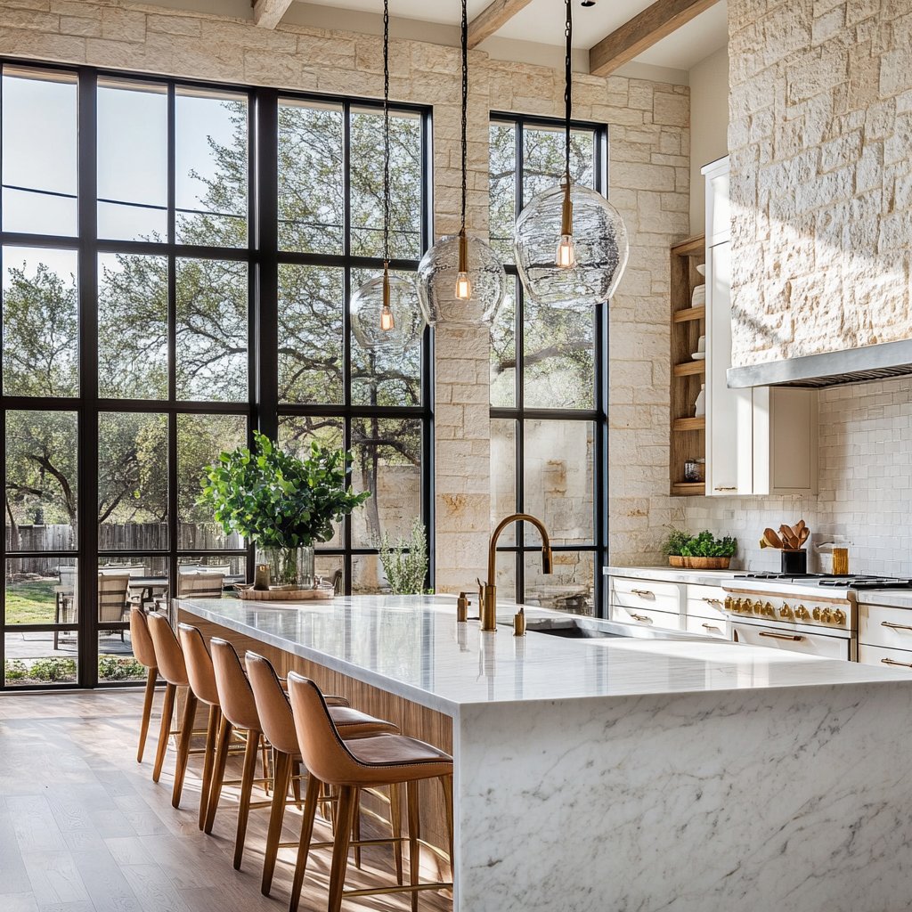 Bright kitchen with a marble island, tan bar stools, and tall windows overlooking a leafy yard.