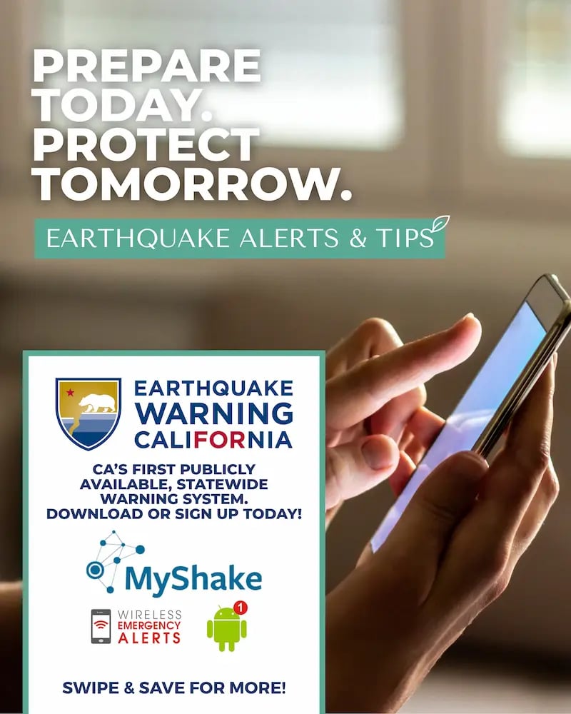 Earthquake preparedness flyer promoting California earthquake warnings, MyShake, and wireless emergency alerts.