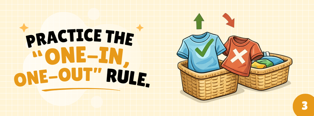 Practice the “one-in, one-out” rule, illustrated with laundry baskets and marked shirts.