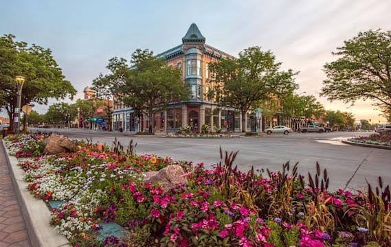 Downtown Fort Collins corner with a historic brick building and colorful flower beds.