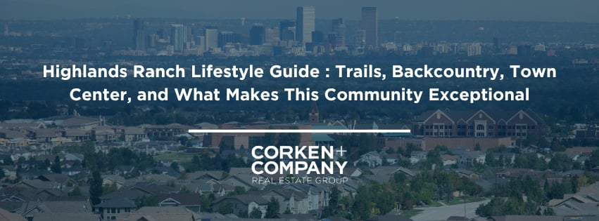 Highlands Ranch lifestyle guide banner with residential rooftops, Denver skyline, and Corken + Company branding.