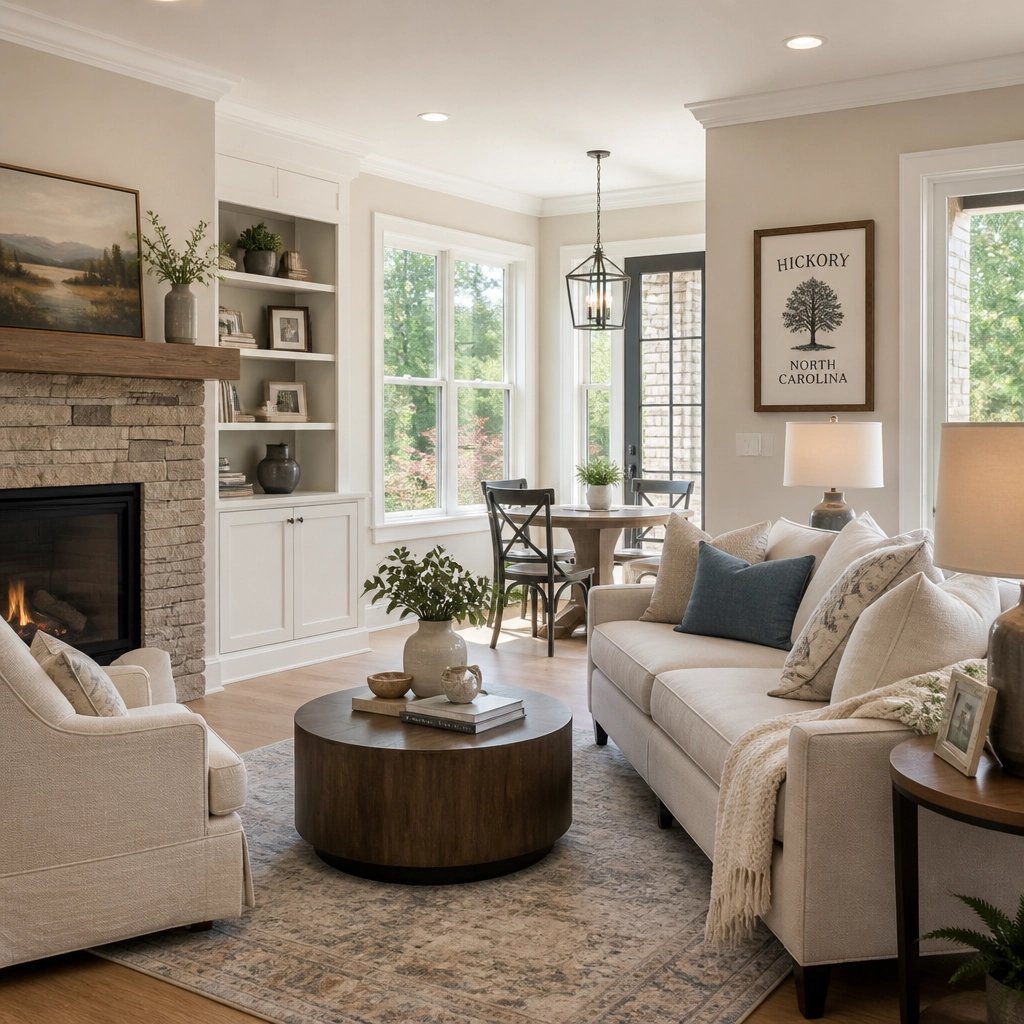 Furnished living room with a stone fireplace, cream sofas, and a framed Hickory, North Carolina print.