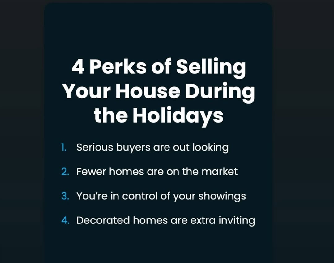 Holiday home selling tips graphic featuring four reasons to list during the holidays: motivated buyers, less competition, more control over showings, and festive, inviting home atmosphere