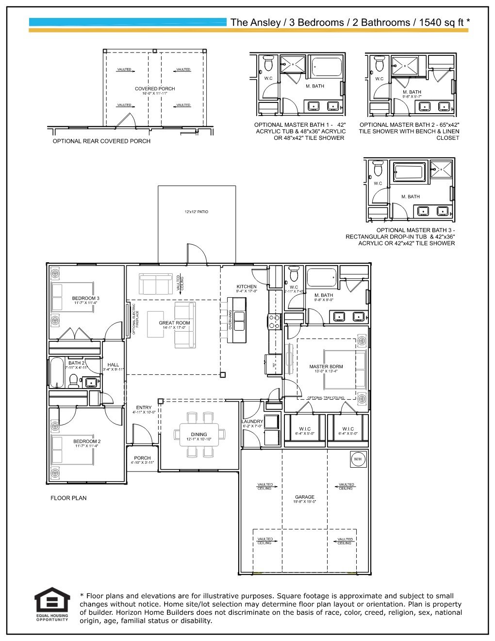 Ansley three-bedroom, two-bathroom floor plan with a two-car garage, patio, and optional master bath layouts.