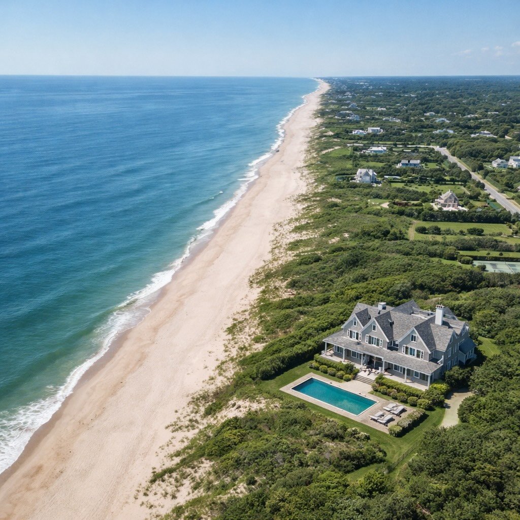 Aerial view of the Hamptons coastline and waterfront homes