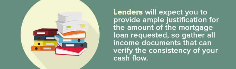 Mortgage lending advice about gathering income documents, shown beside an illustration of stacked papers and books.