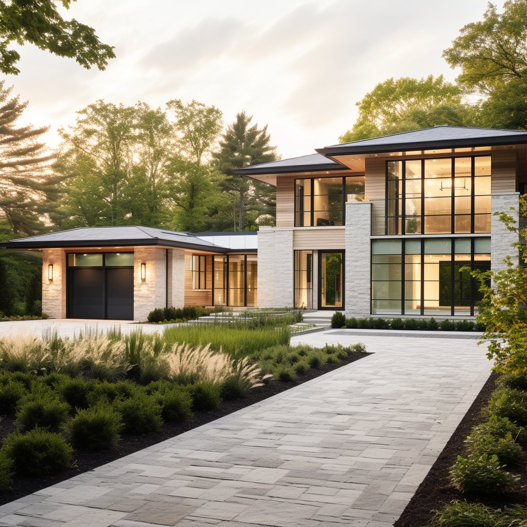 Modern stone-and-wood home with expansive windows and a landscaped front walkway.