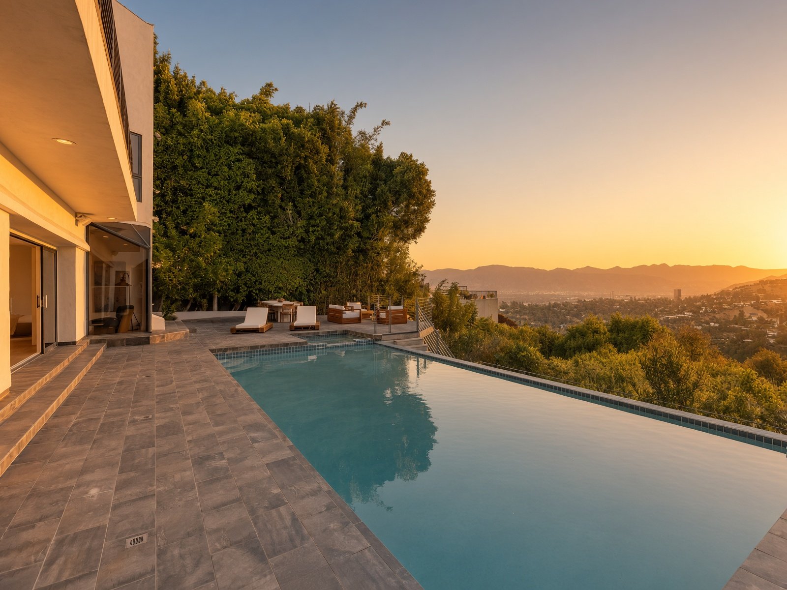 Pool and terrace overlooking the valley at 11955 Pinnacle Pl in The Summit, Beverly Hills