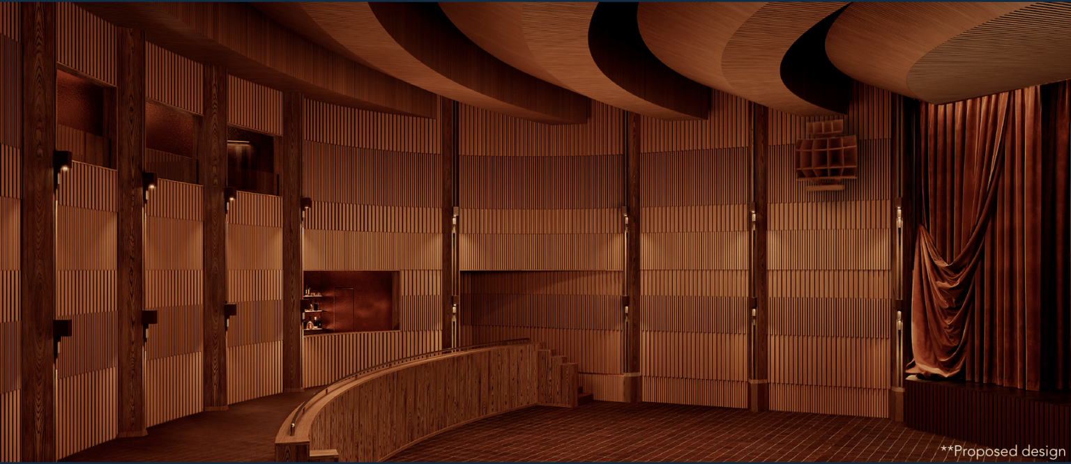Proposed interior design with wood paneling, a curved counter, and red stage curtains.