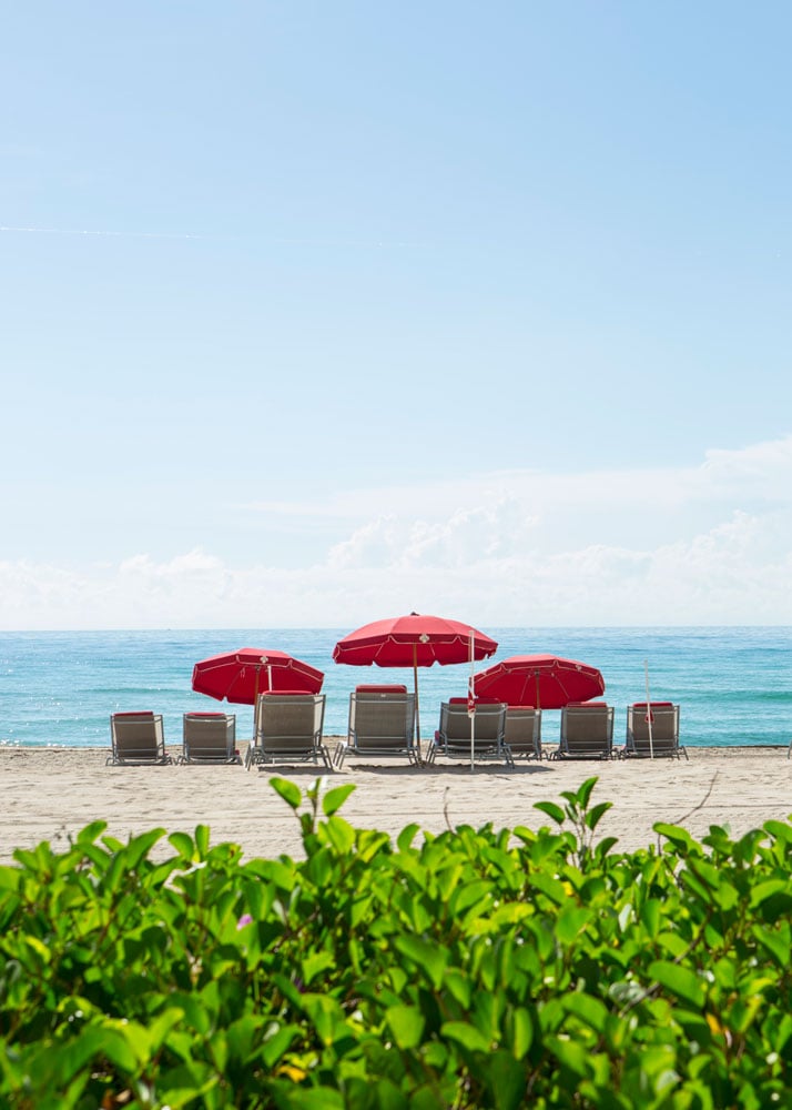 Beach lounge chairs beneath red umbrellas face turquoise water, with green foliage in the foreground.