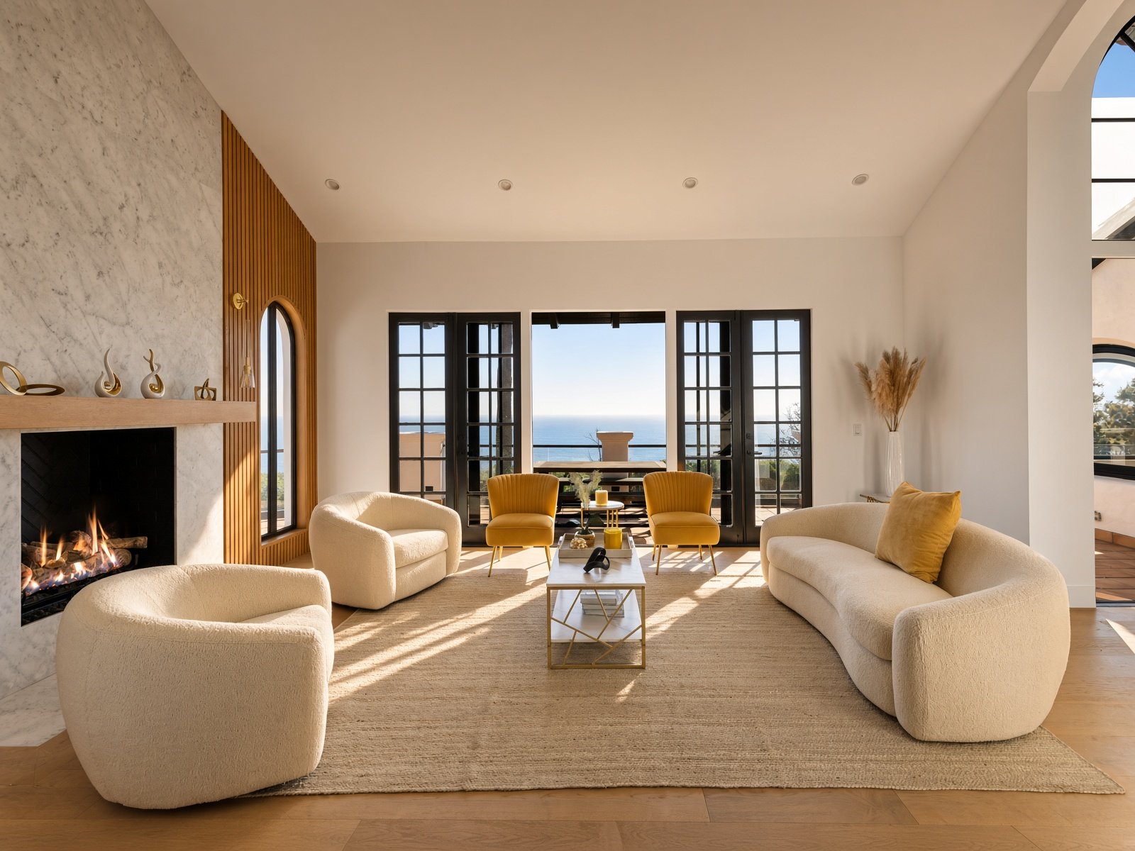 Furnished living room with fireplace and ocean view at 3909 Villa Costera, Malibu