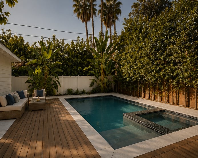 Backyard pool and raised spa surrounded by a wood deck, outdoor seating, and tropical plants.