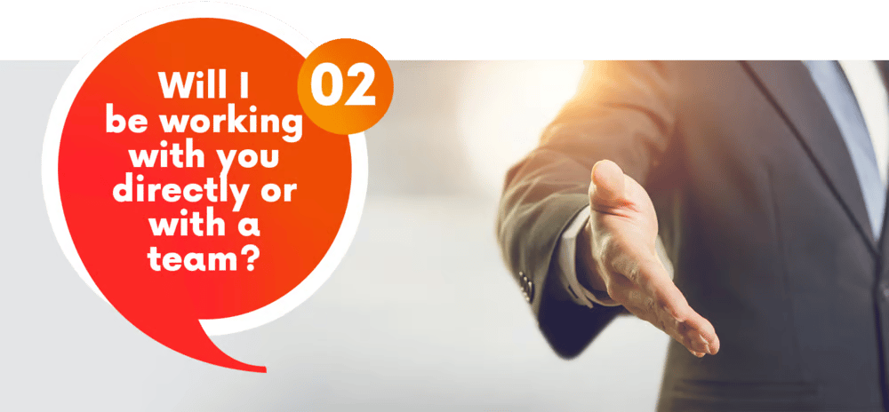 Question 02 asks whether you’ll work directly with the agent or with a team, beside an outstretched hand.