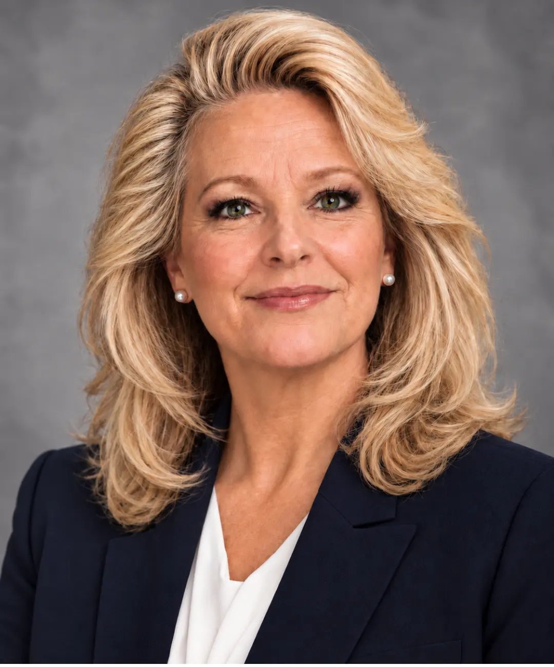 Sherry Michel in a navy blazer and white blouse