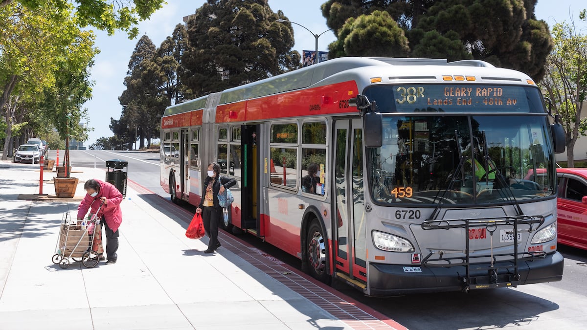 A San Francisco Muni bus map displaying multiple bus lines crisscrossing the city, highlighting the extensive public transportation network. The map includes route numbers, colors, and major stops, providing a comprehensive overview of the Muni bus system.