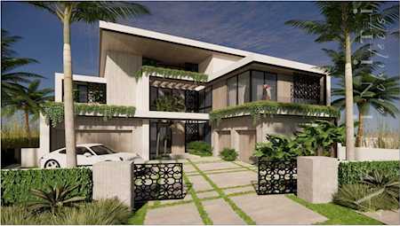 Modern two-story home with glass windows, planted balconies, and a gated driveway.