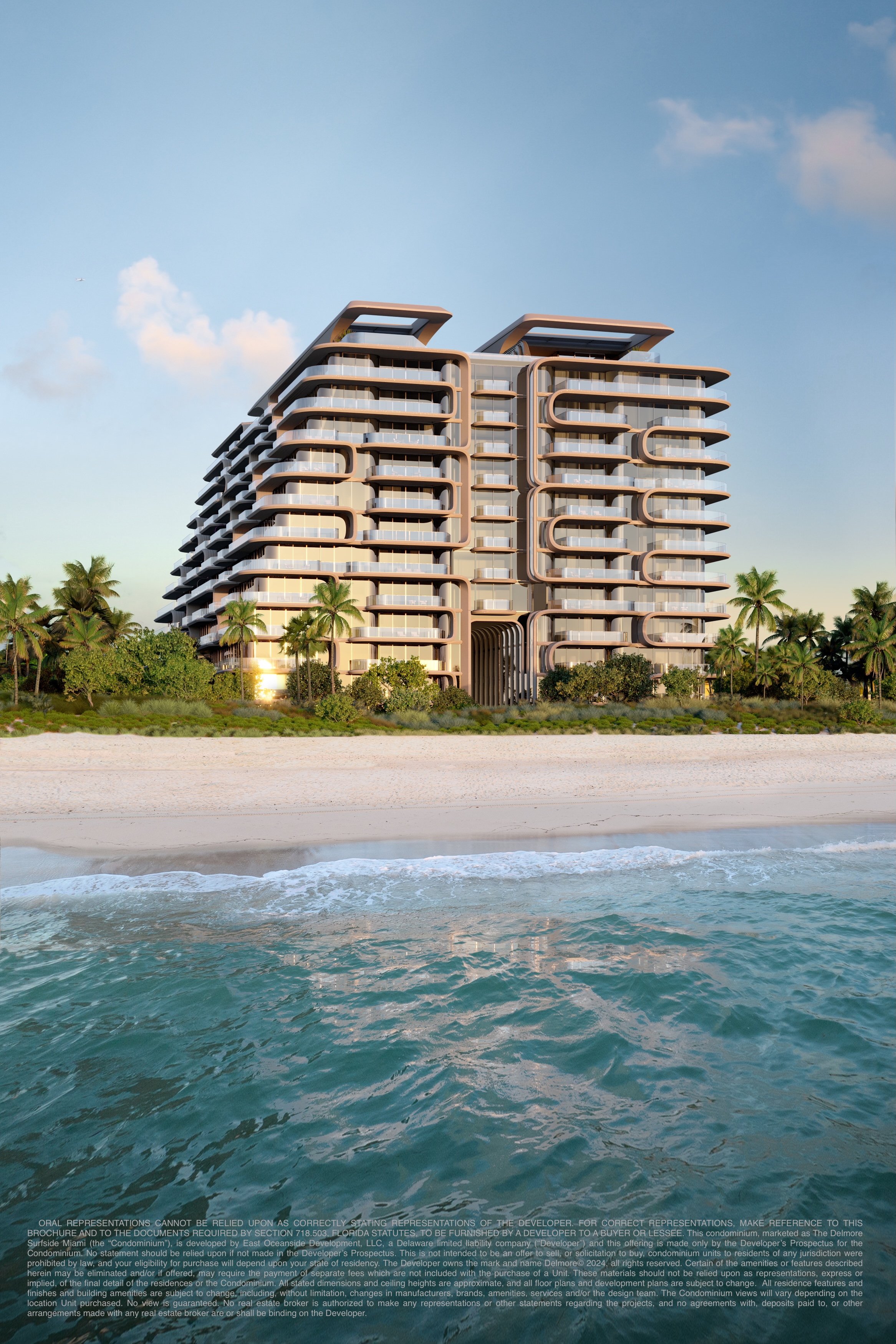 Rendering of The Delmore's sculptural curved balconies above the beach in Surfside