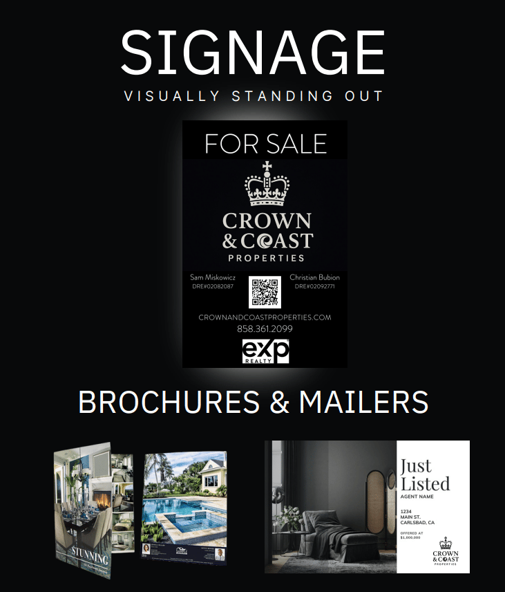 Crown & Coast Properties signage, brochure and mailer marketing samples.