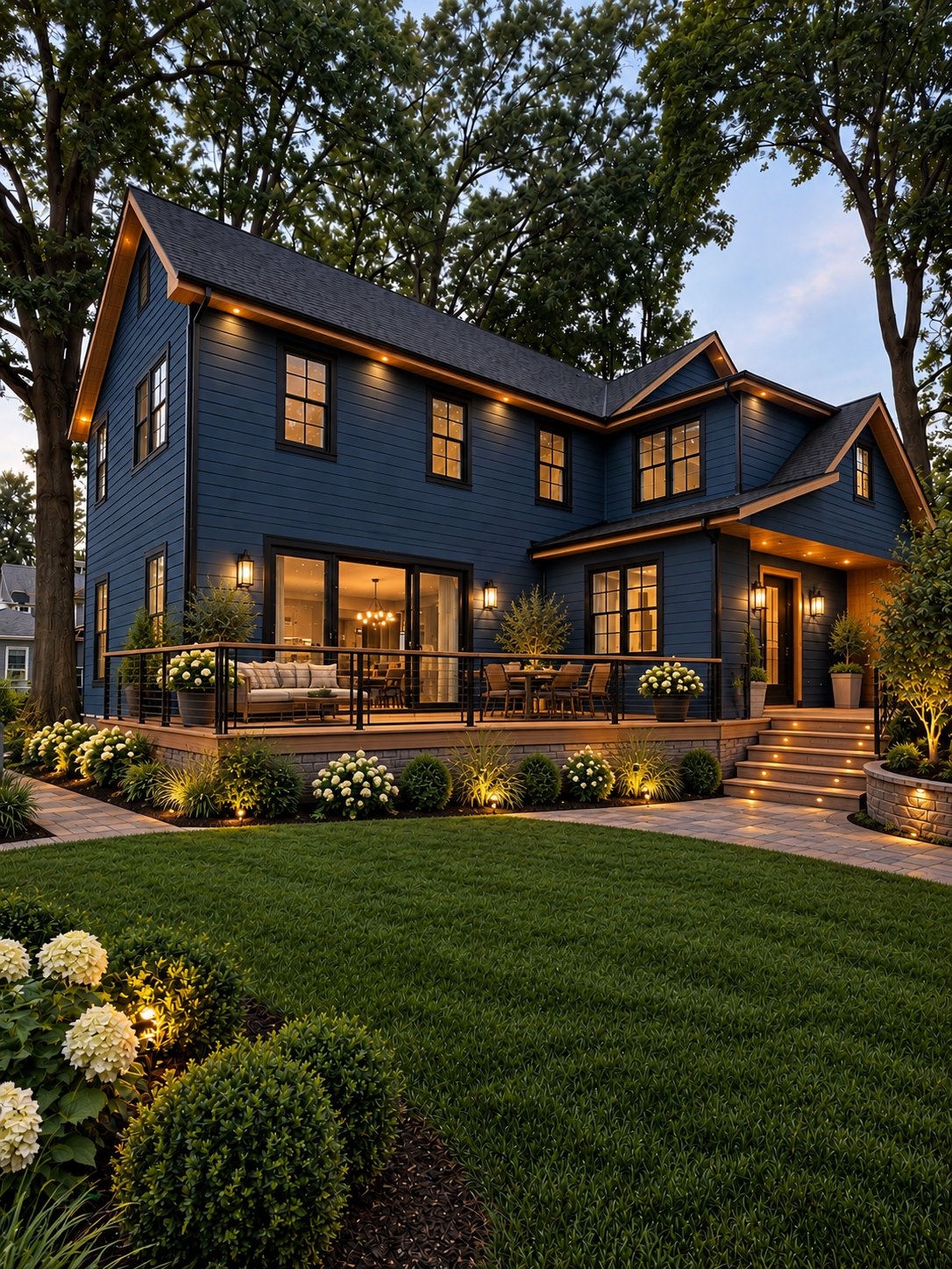 Dark blue two-story house with a furnished deck and landscaped yard at dusk.
