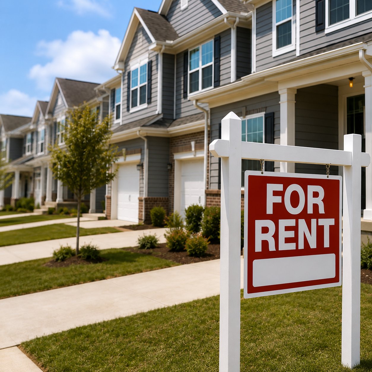Suburban home with a For Rent sign in the front yard, representing rental property and real estate investing.