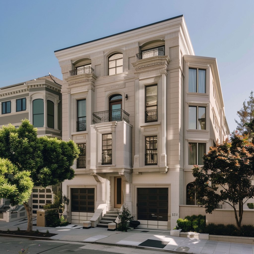 Ornate San Francisco residence with wrought-iron balconies, garage doors, and street trees.