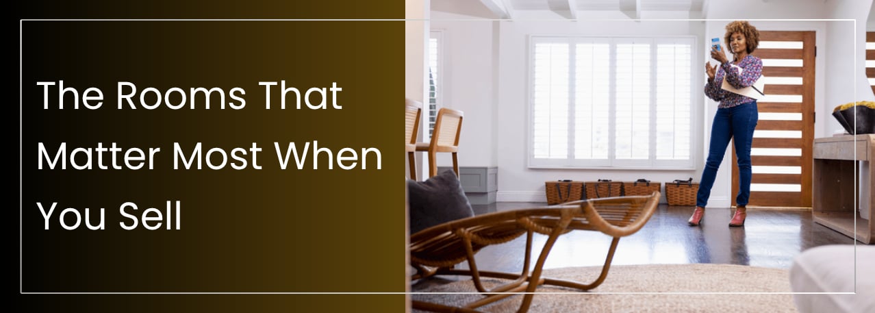 Real estate agent evaluating a modern, staged living room before listing a home for sale.