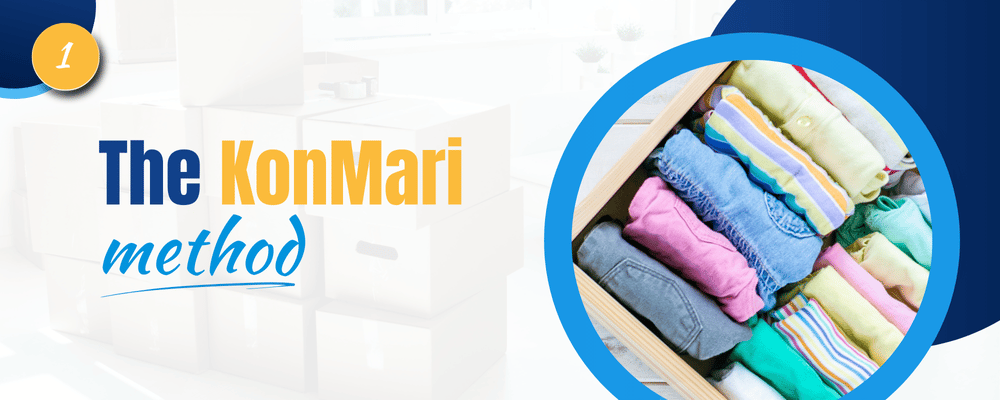 The KonMari method, featuring neatly folded colorful clothes in a drawer.