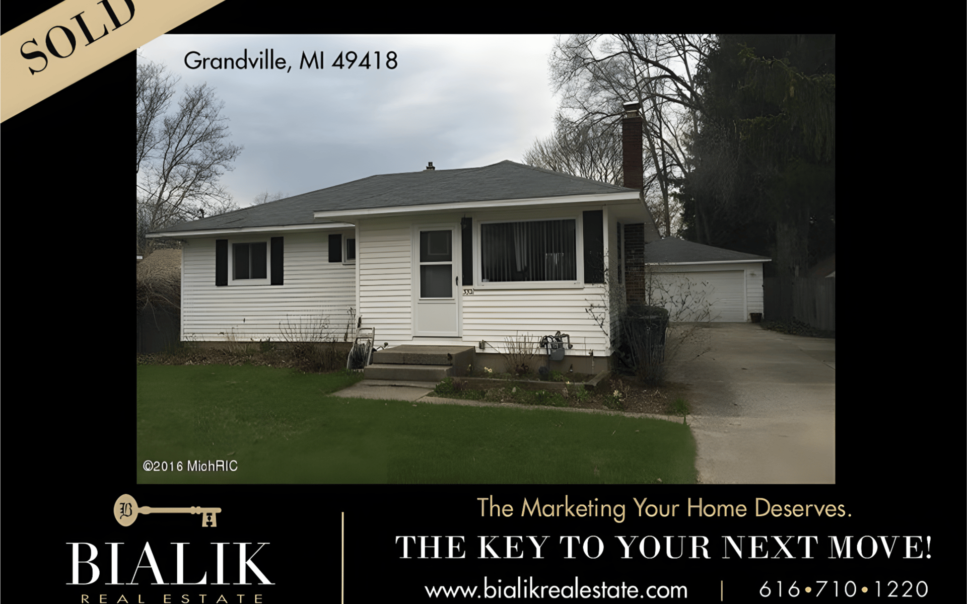 Sold home in Grandville, Michigan, featured in a Bialik Real Estate promotional graphic.