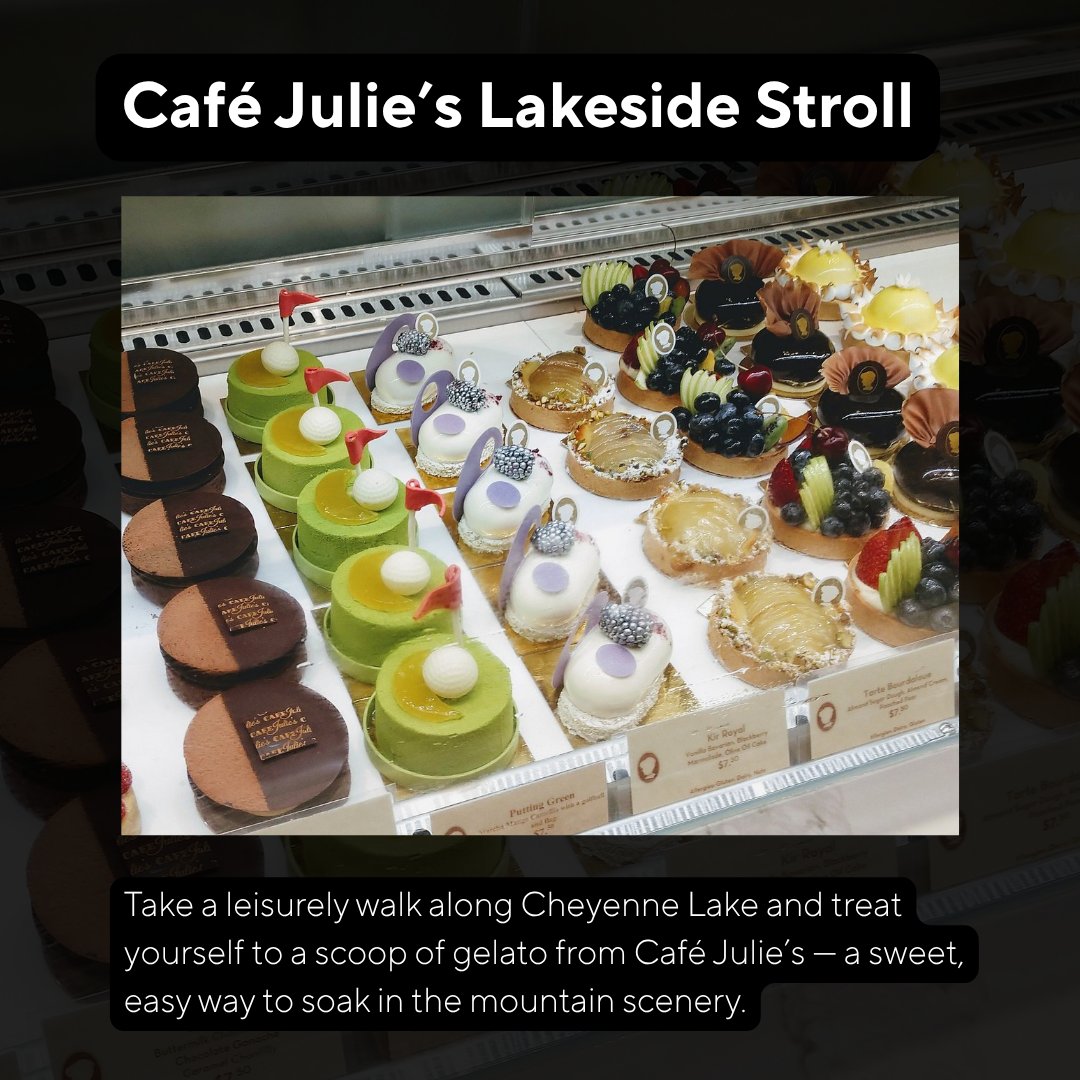 Café Julie’s Lakeside Stroll, with rows of colorful pastries and fruit tarts in a display case.