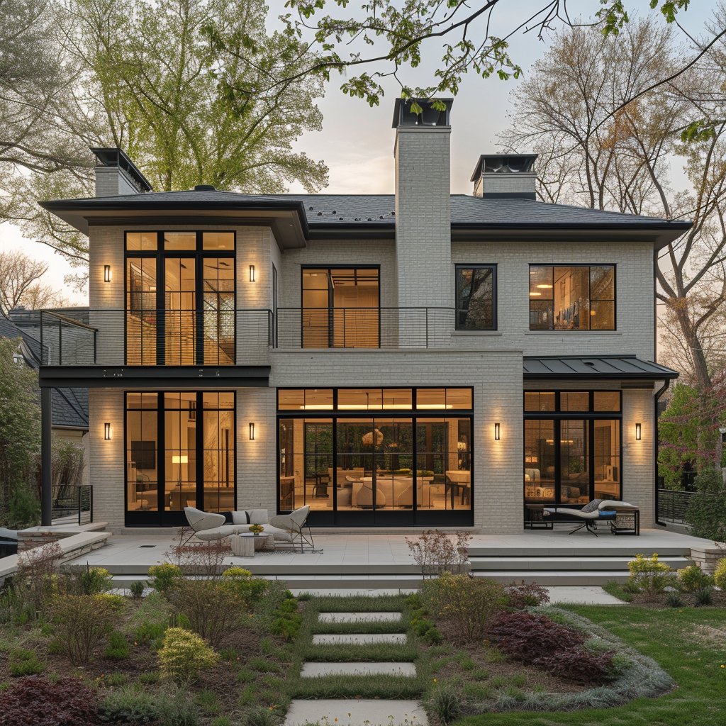Modern two-story home with a balcony, broad windows, and a furnished patio.