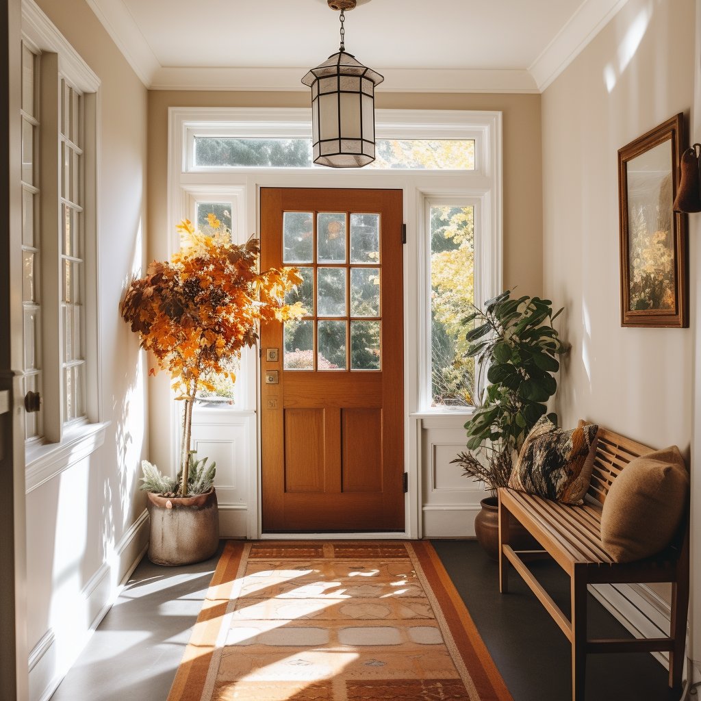 Bright entry hall with a wooden front door, glass sidelights, hanging lantern, potted plants, and bench.