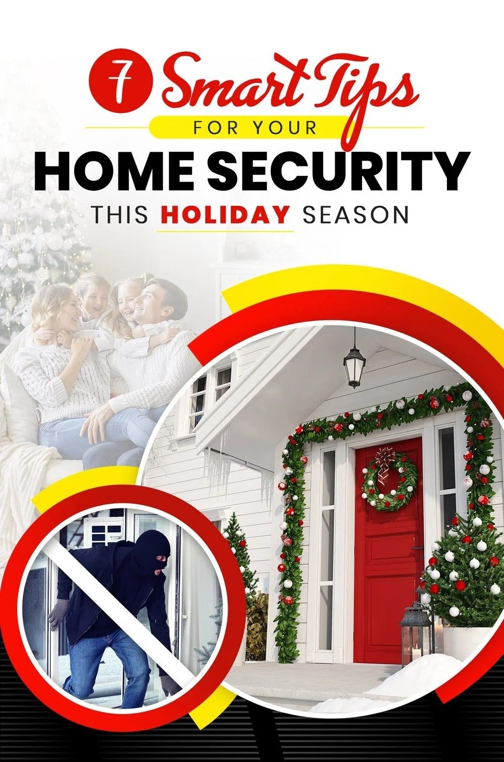 Graphic about holiday home security, showing a decorated house, a family, and a burglar crossed out.